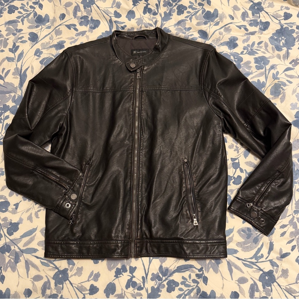 INC International Concepts Dark Brown Leather Jacket w/ Removable Hood Size L